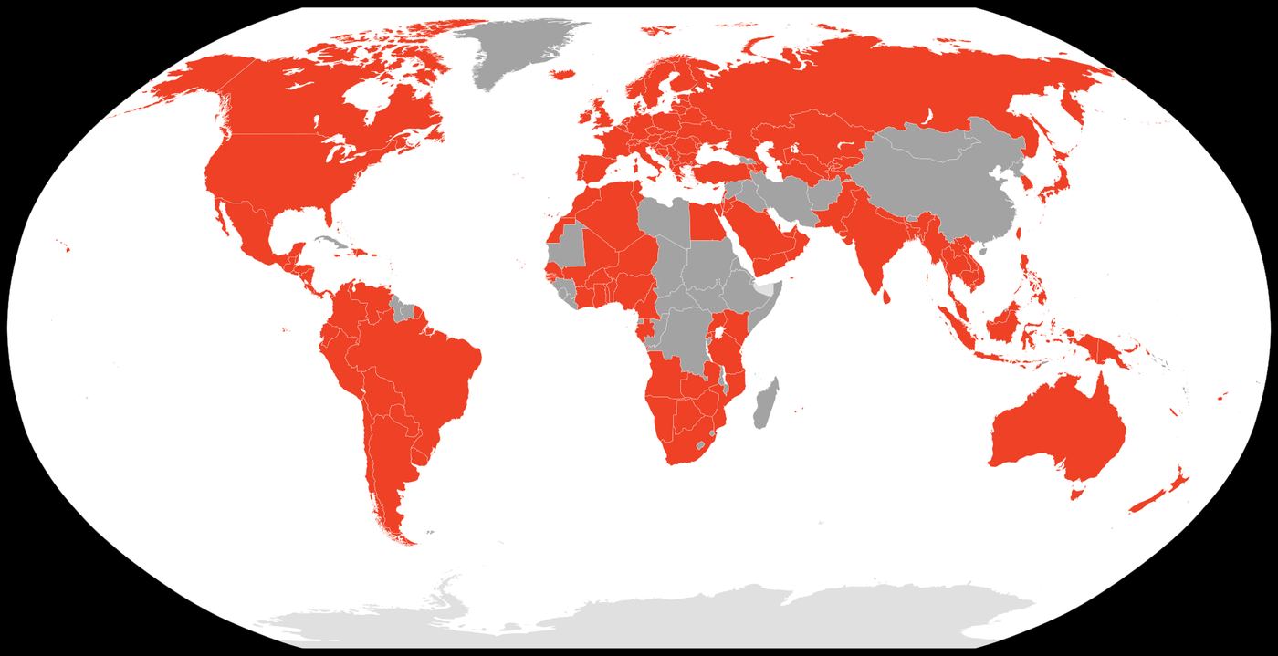 A world map with most countries shaded red and others, including China, Iran and much of central Africa, shaded grey, showing where Google Play is available