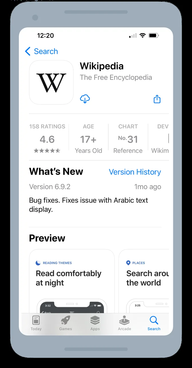 The App Store product page for the Wikipedia app: the name, the subtitle "The Free Encyclopedia", ratings, age and chart position, and a Preview row whose first two screenshots carry the captions "Read comfortably at night" and "Search around the world"