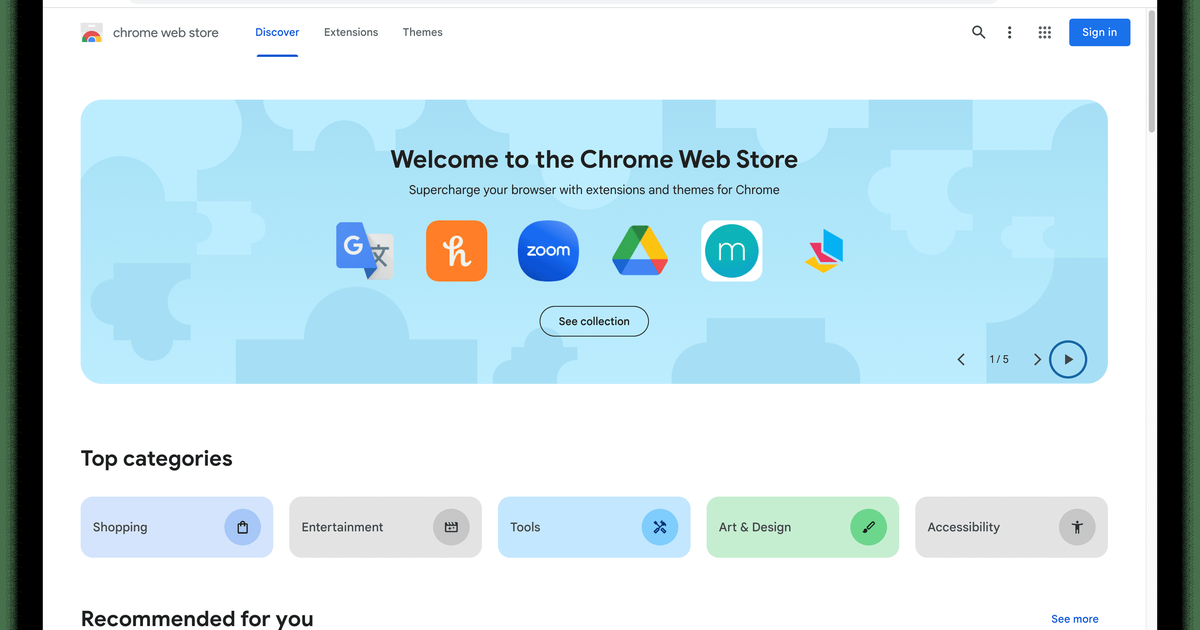 The Chrome Web Store home page with a "Welcome to the Chrome Web Store" banner of extension icons above the Top categories row: Shopping, Entertainment, Tools, Art & Design and Accessibility