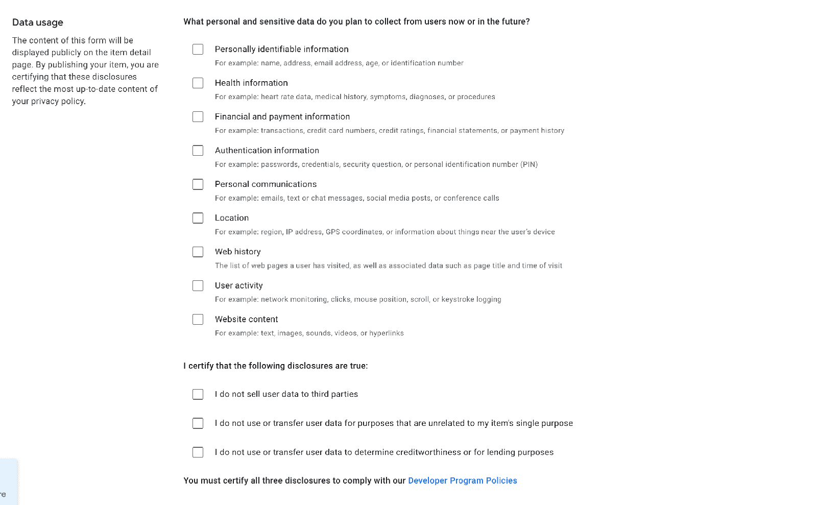 The Data usage section of the Chrome Web Store dashboard: checkboxes for categories such as personally identifiable information, health information, location, web history and user activity, followed by three certifications, including "I do not use or transfer user data for purposes that are unrelated to my item's single purpose"