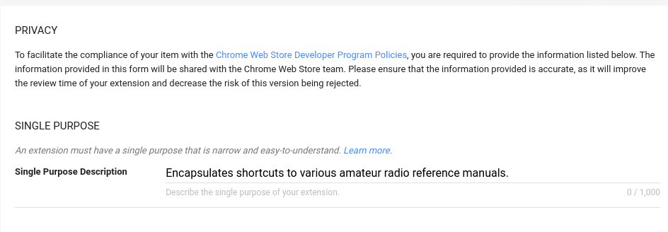 The Privacy tab of the Chrome Web Store developer dashboard, with a Single Purpose Description field reading "Encapsulates shortcuts to various amateur radio reference manuals" and a 1,000 character limit