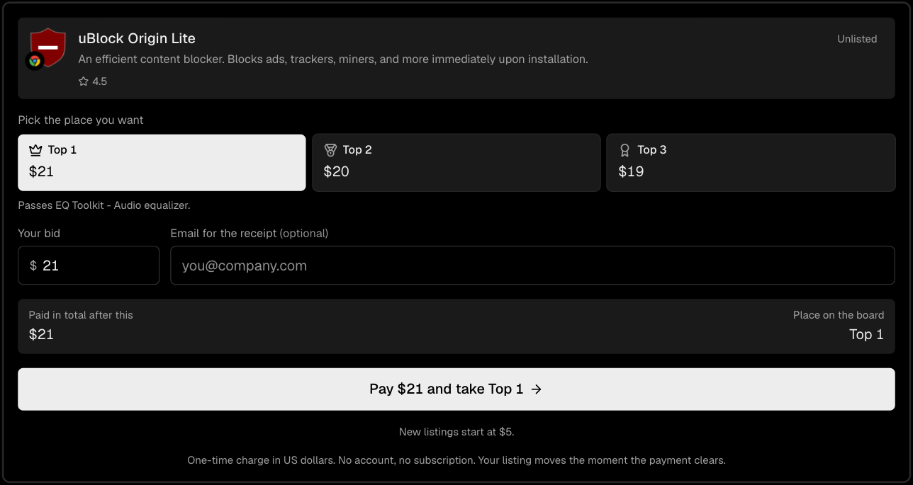 The AppRanker bid console after pasting a Chrome Web Store link for uBlock Origin Lite, marked Unlisted: Top 1 costs $21, Top 2 $20 and Top 3 $19, with the bid, an optional receipt email and a "Pay $21 and take Top 1" button