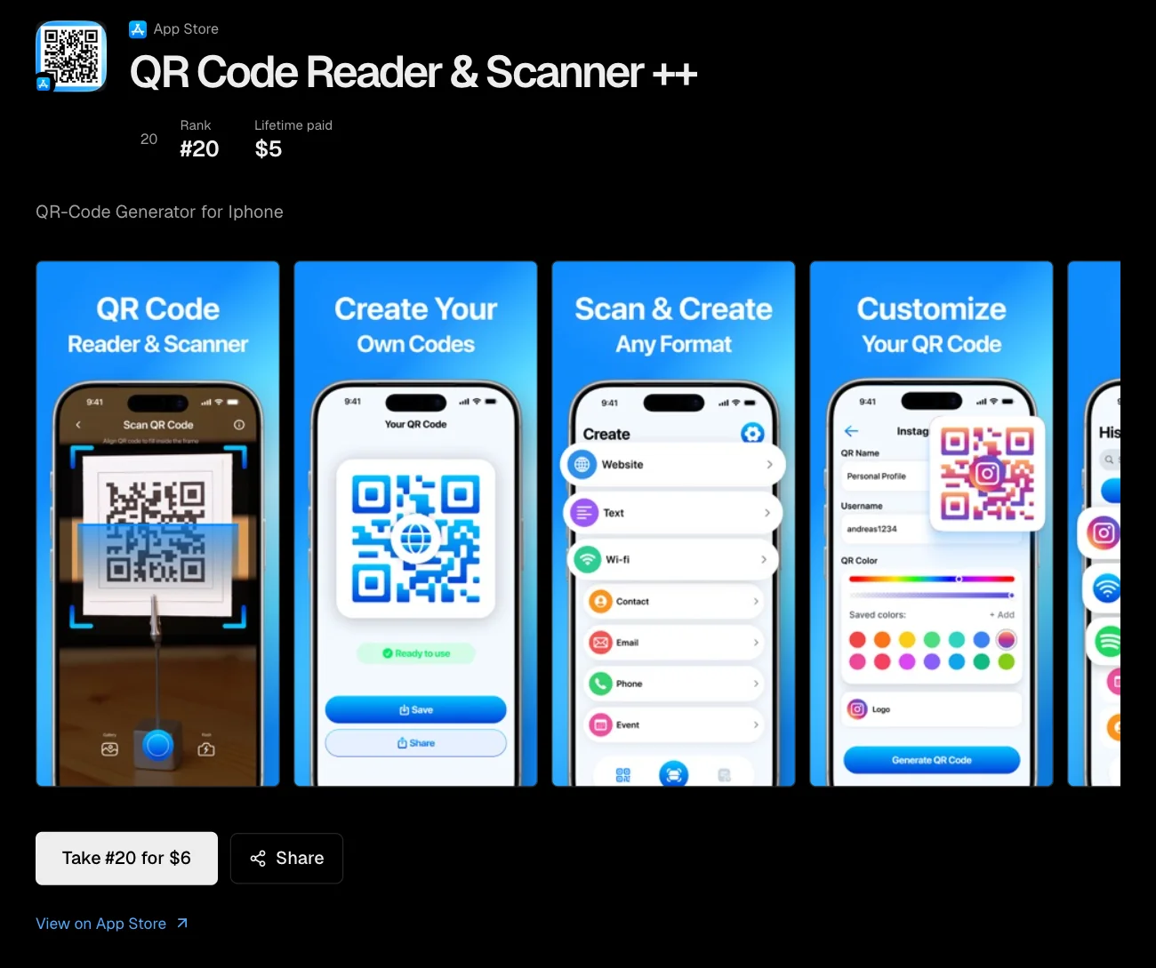 The AppRanker listing page for QR Code Reader & Scanner ++, an App Store app: its icon and name, rank 20, lifetime paid $5, the store description, a row of five phone screenshots, a "Take #20 for $6" button and a Share button