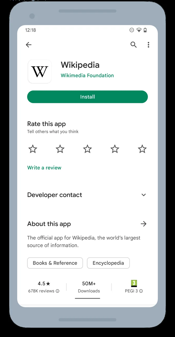 The Google Play listing for the Wikipedia app: the name and developer, an Install button, a Rate this app section, and an About this app section that begins "The official app for Wikipedia, the world's largest source of information", with Books & Reference and Encyclopedia tags