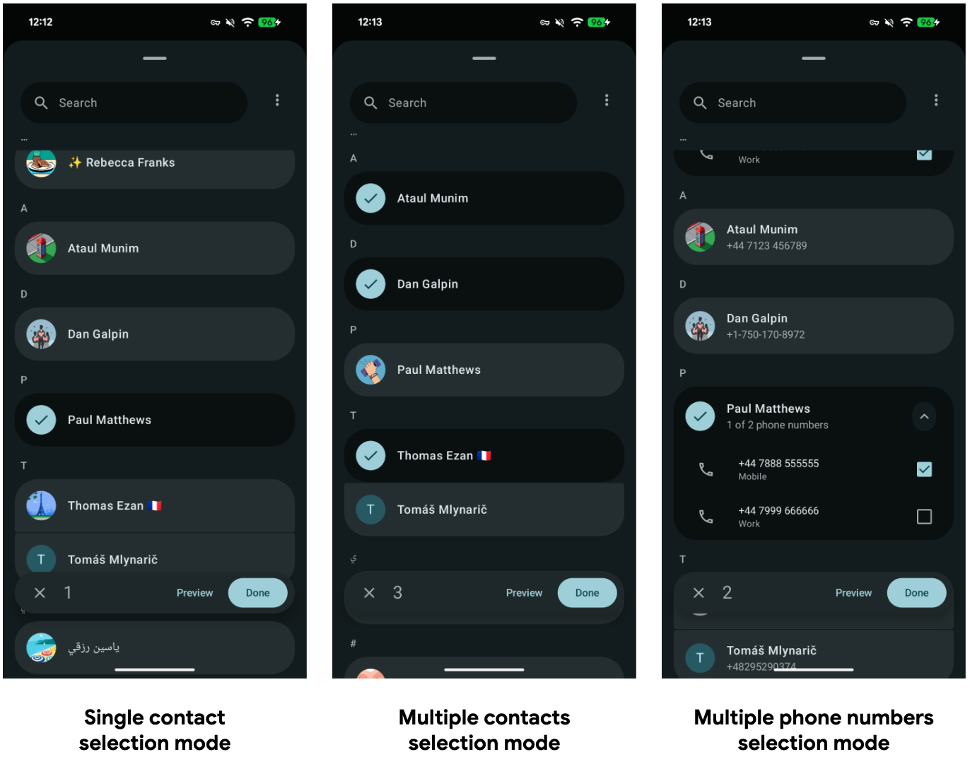 Three dark-themed screens of the Android Contact Picker: one contact selected, three contacts ticked in multi-select mode, and one of a contact's two phone numbers chosen