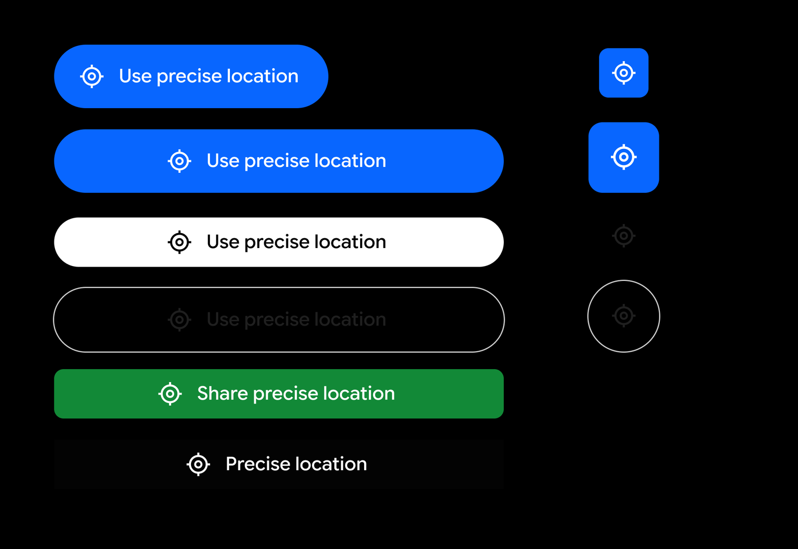 Android location button variants on a black background: blue, white, outlined and green buttons with a crosshair location icon and labels such as Use precise location, Share precise location and Precise location, plus icon-only versions