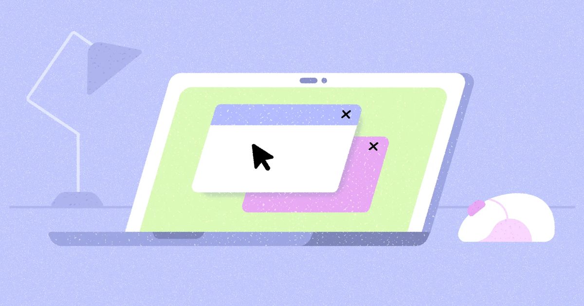 An illustration of a laptop on a desk showing two overlapping app windows and a mouse pointer, with a desk lamp on the left and a computer mouse on the right