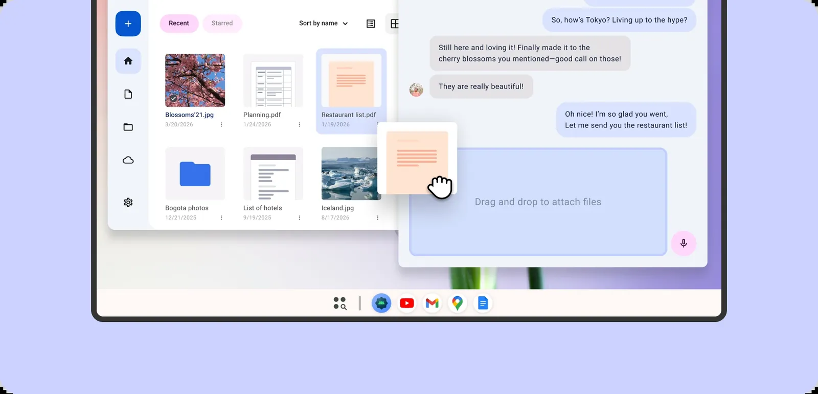 A laptop screen with a file manager window on the left and a chat app on the right, with a PDF being dragged from the files into the chat's drop zone