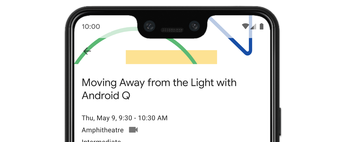 A phone with a notch showing an app whose green and blue header graphics run up behind the status bar clock and battery icons, above a session title that reads "Moving Away from the Light with Android Q"