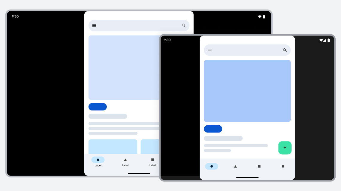 A landscape tablet and an open foldable each showing a portrait-only app in a narrow column in the middle of the screen, with black bars filling the space on both sides