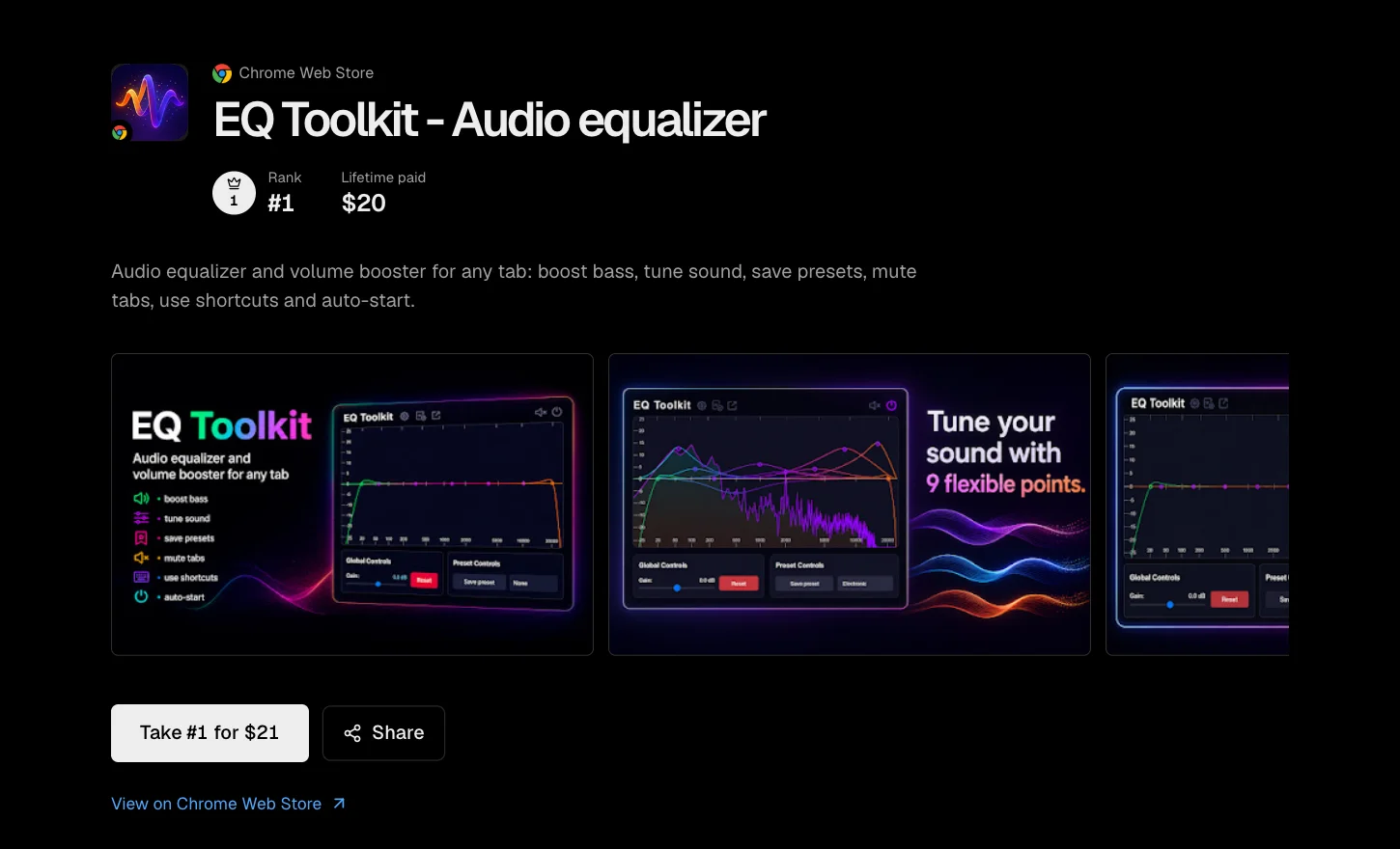The AppRanker listing page for EQ Toolkit, a Chrome extension: icon, name, rank 1, lifetime paid $20, the store's one-line description and a row of the store's own screenshots